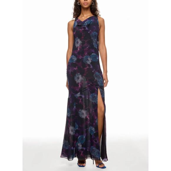 Rotate Purple Watercolor Chiffon Slip Maxi Dress SIZE 2 Ruffle Cowl Party $430 - Picture 3 of 15
